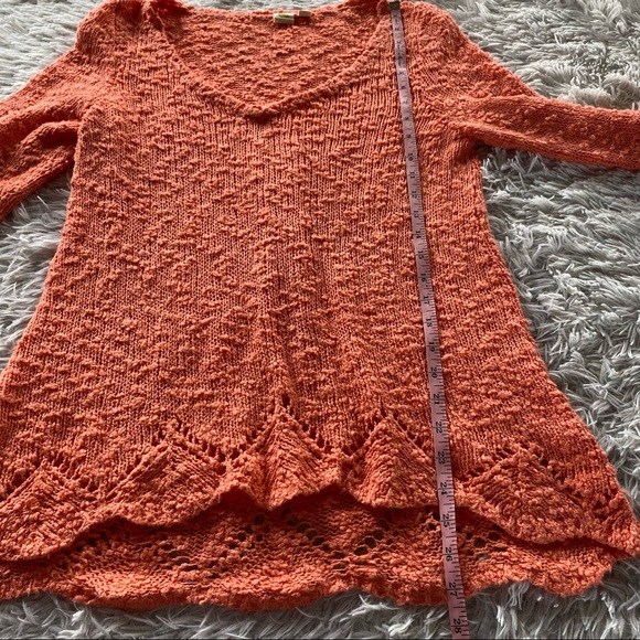 Anthropologie Yellow Bird Pointelle Sweater Coral V-neck nubby twist back hi low - Picture 9 of 11
